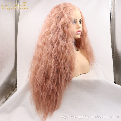 Lovely Pink Mono Long Curly Premium High Quality Water Wave Wholesale Cheap Women Fiber Synthetic Hair Wigs Lace Front